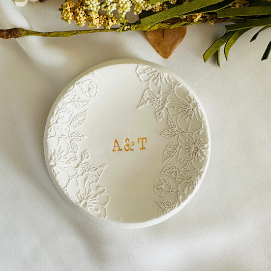 Embossed flowers 2 sides, Personalized ring Dish