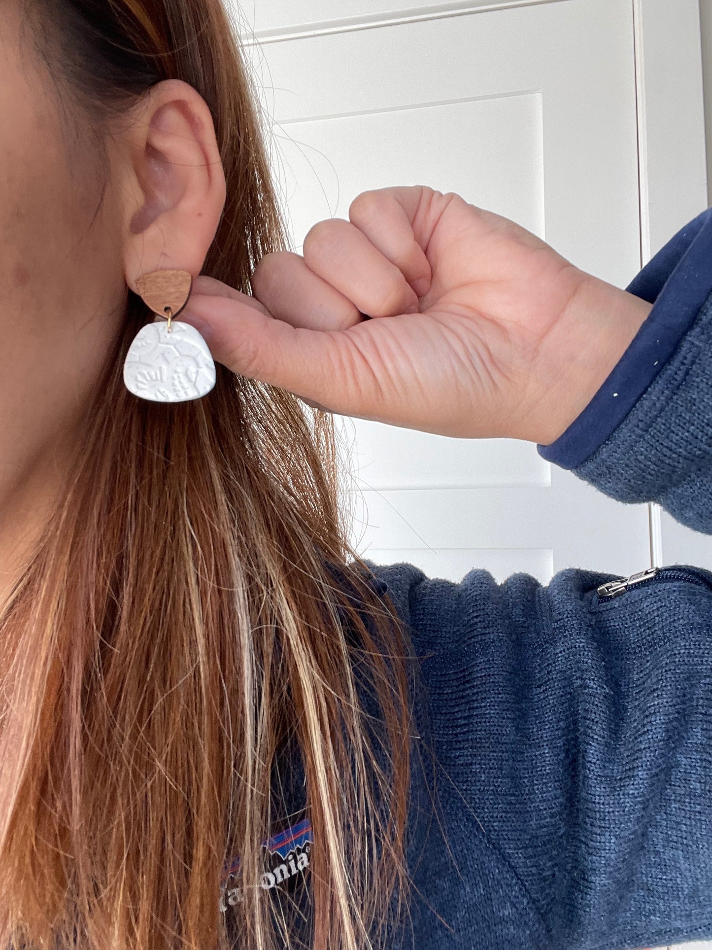 White teardrop clay earrings, wood post