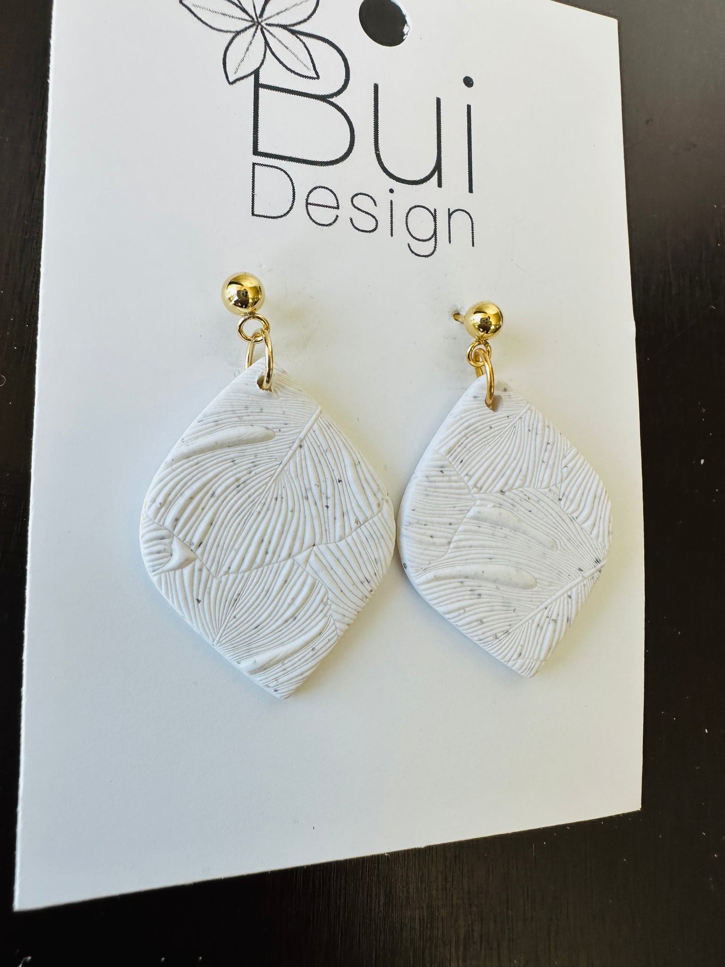 white leaf clay earrings