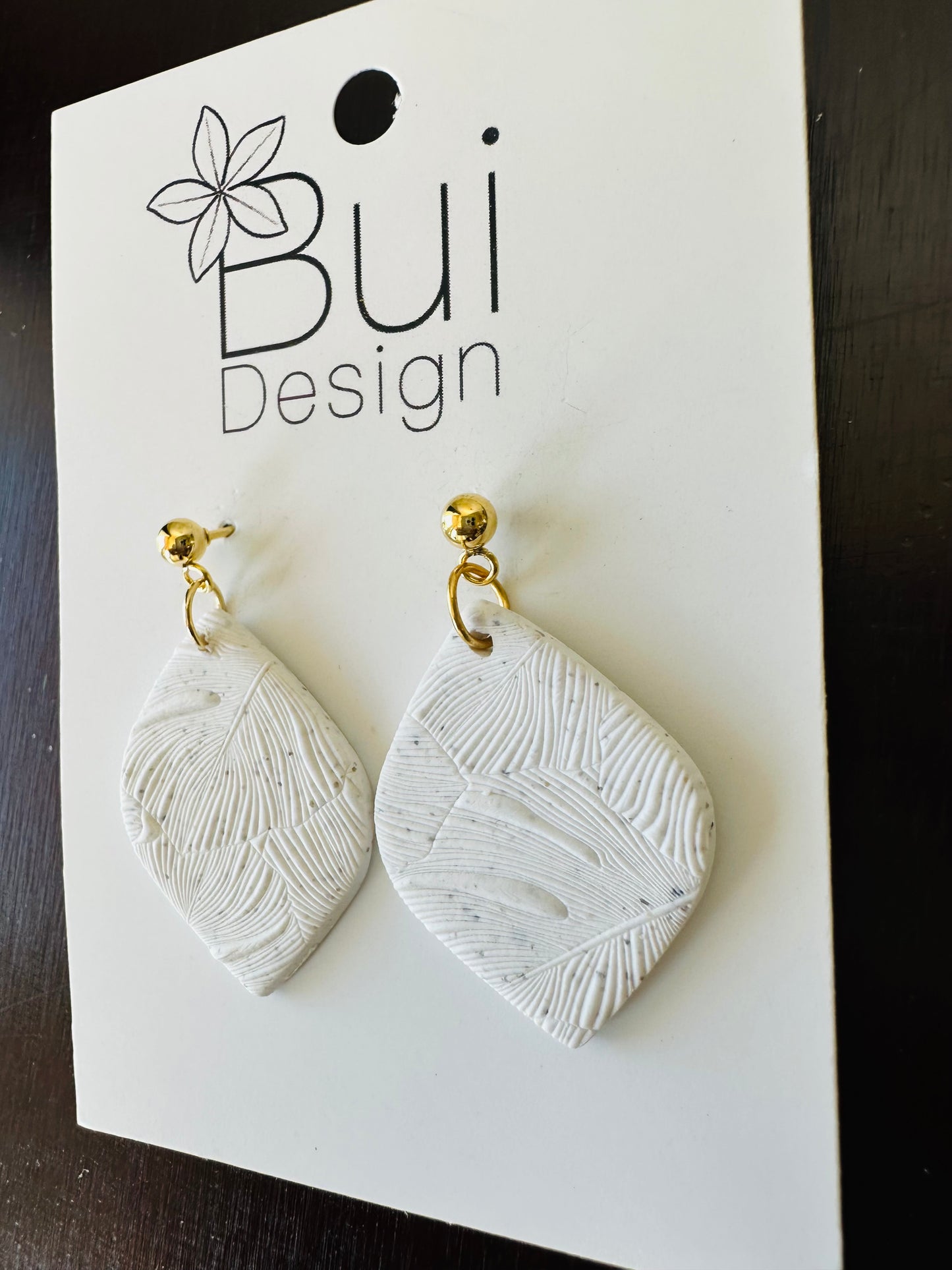 white leaf clay earrings