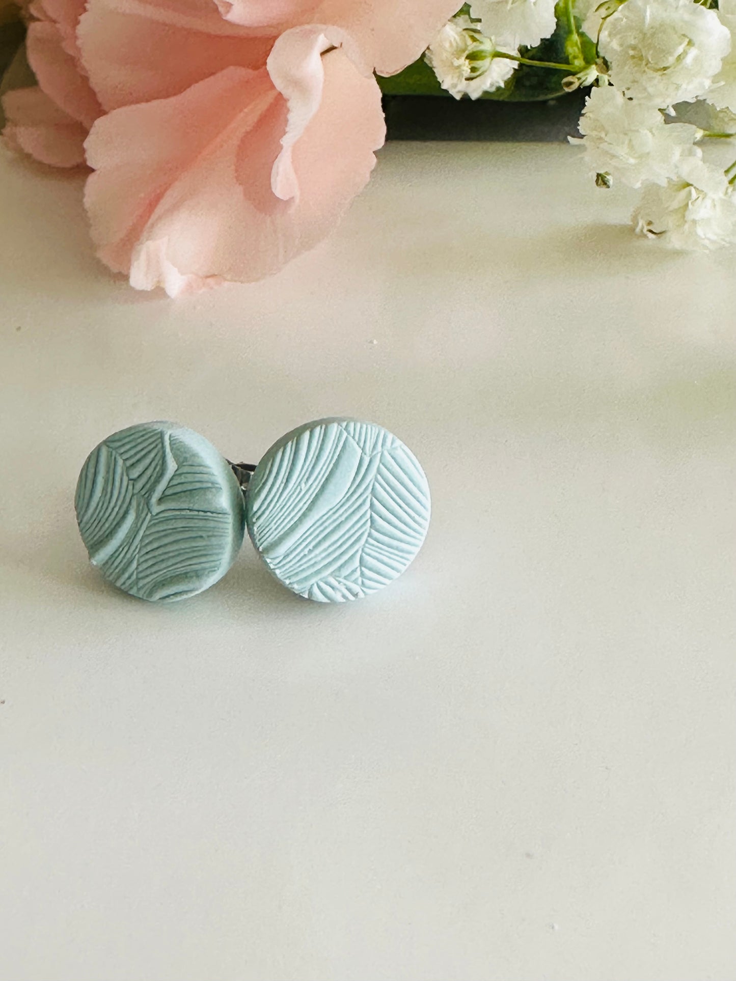 Blue patterned polymer clay stud earrings, 10 mm