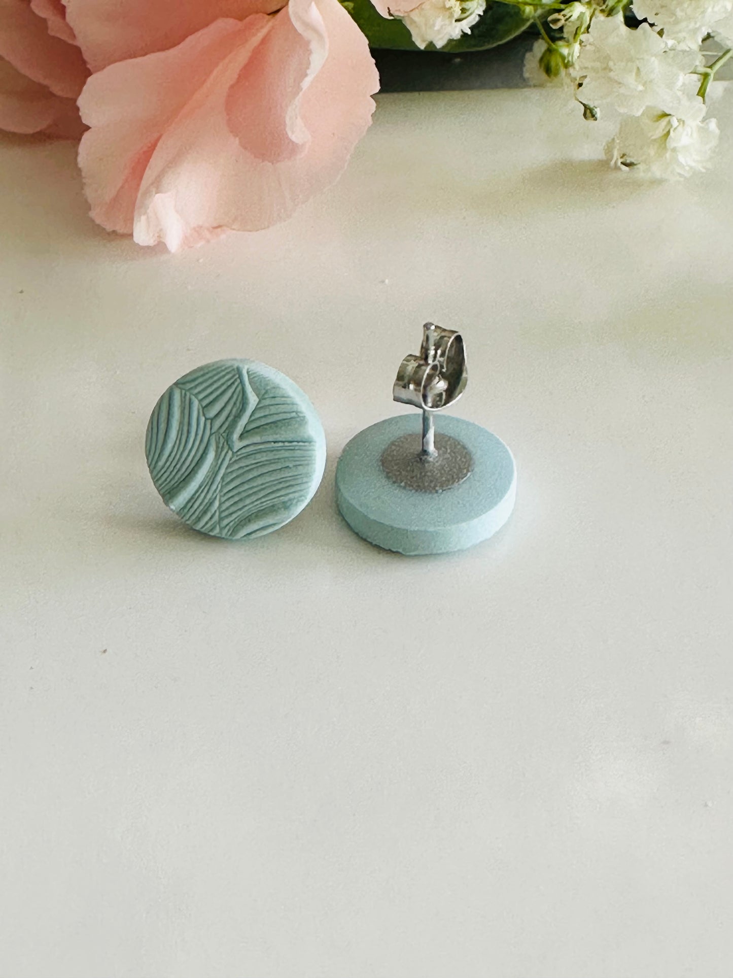 Blue patterned polymer clay stud earrings, 10 mm