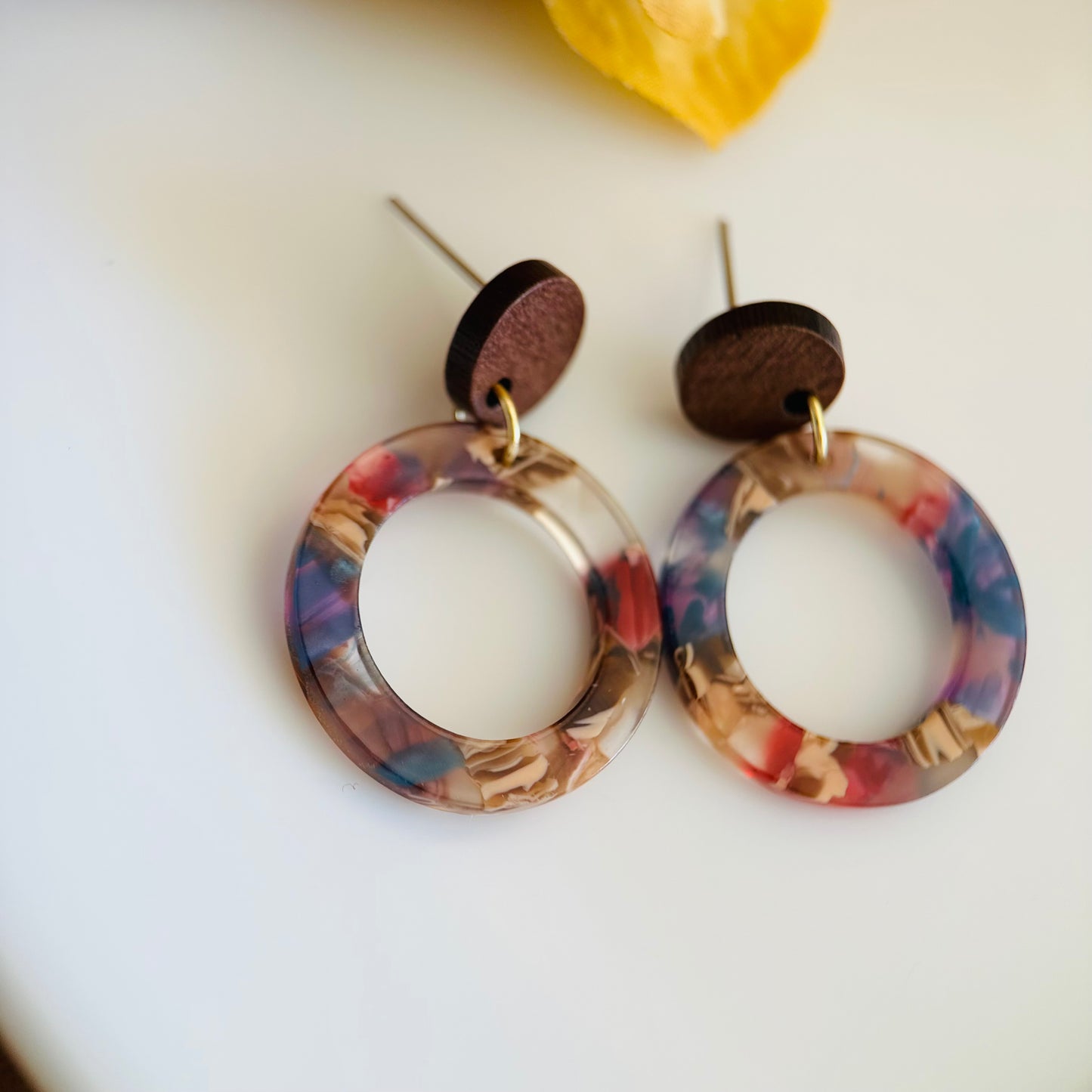 Round colorful Resin and wood earrings