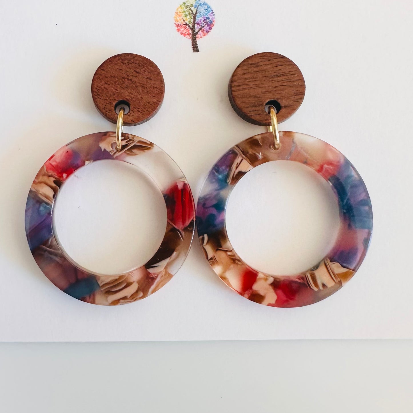 Round colorful Resin and wood earrings