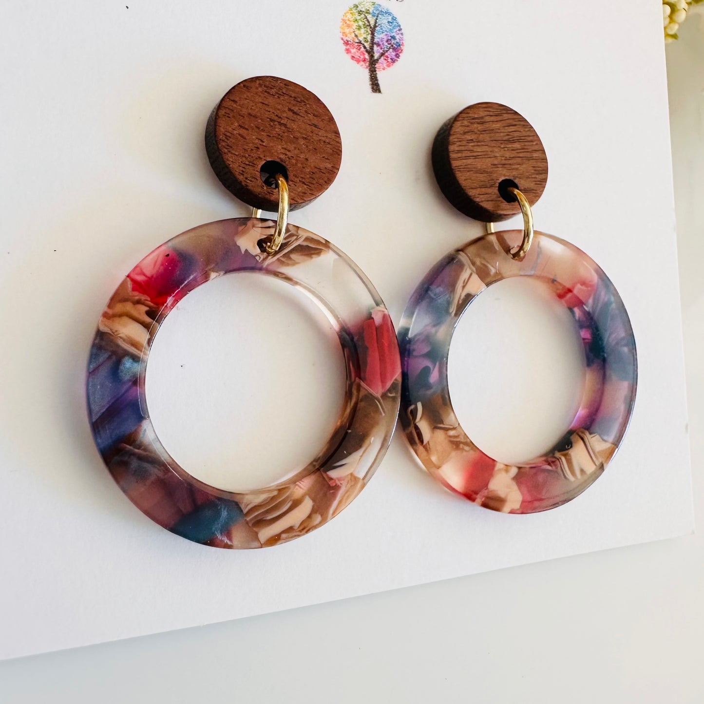 Round colorful Resin and wood earrings