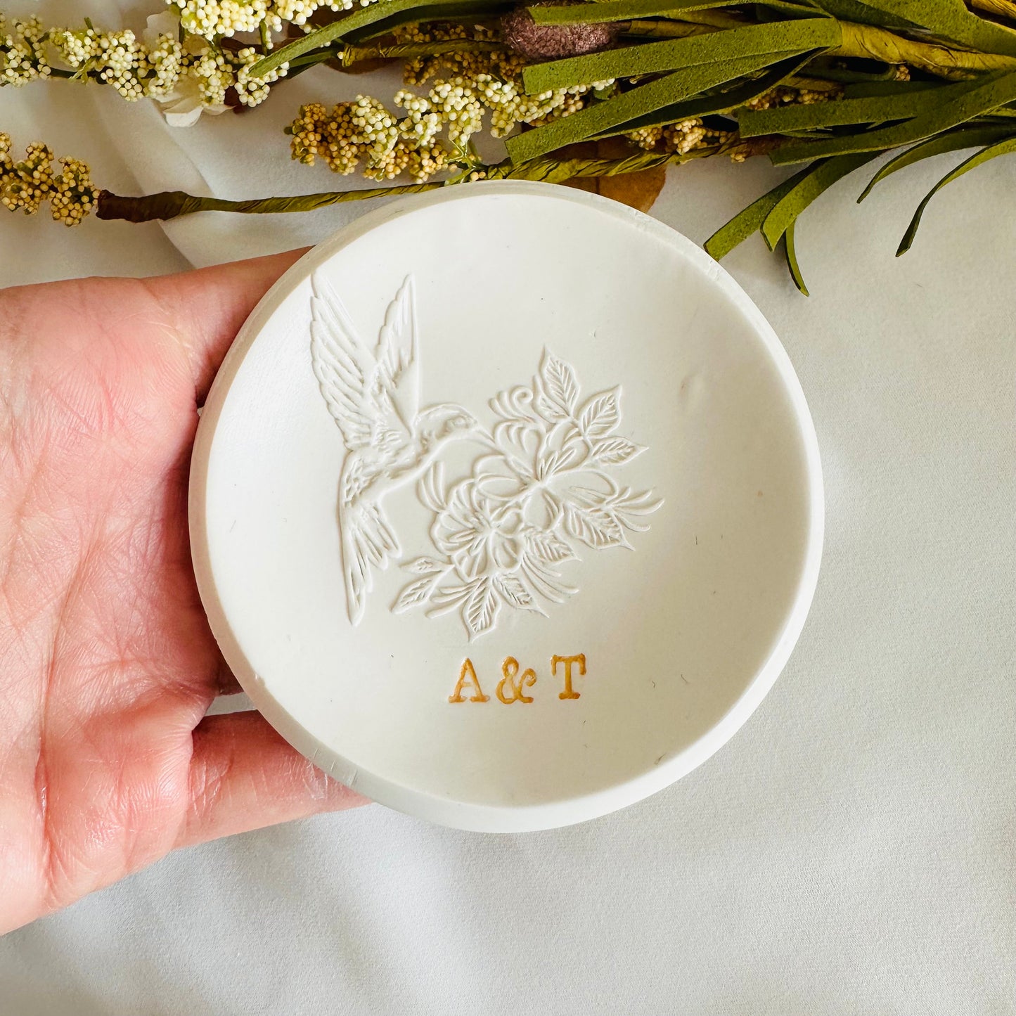 Embossed bird flower Personalized ring Dish