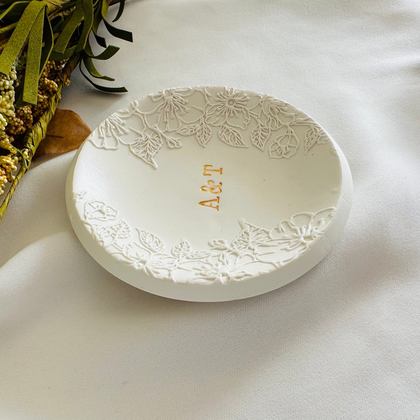 Embossed flowers 2 sides, Personalized ring Dish