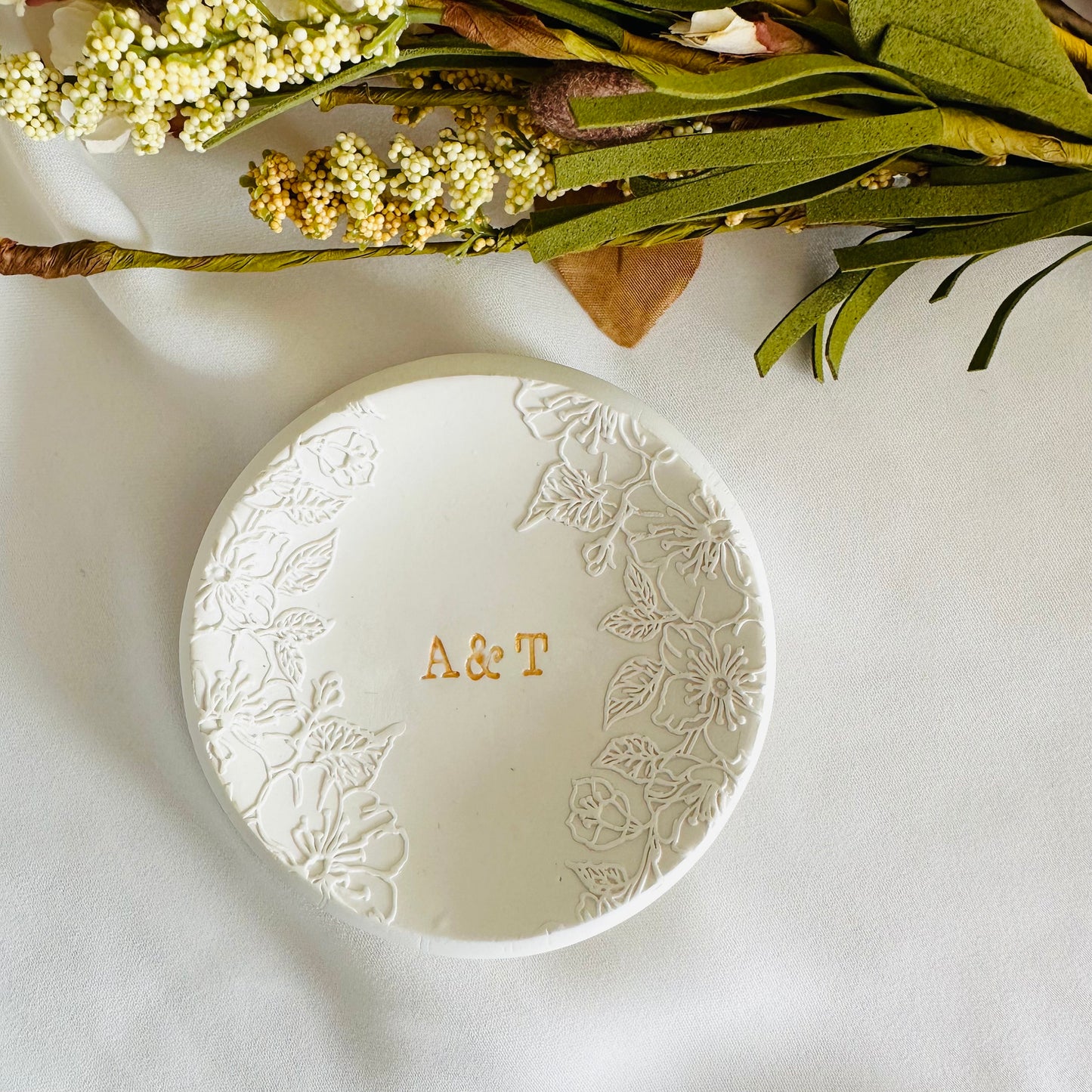 Embossed flowers 2 sides, Personalized ring Dish