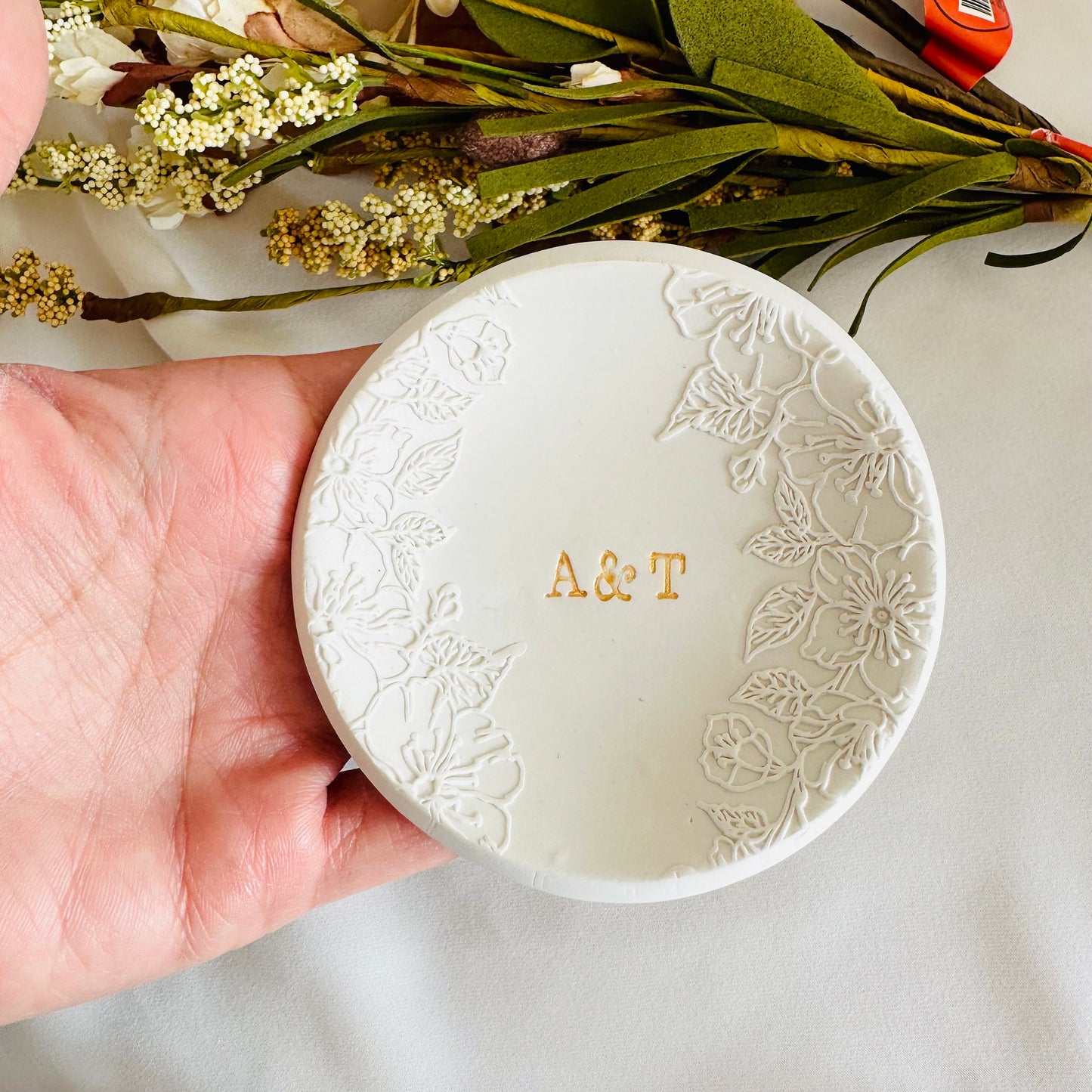 Embossed flowers 2 sides, Personalized ring Dish