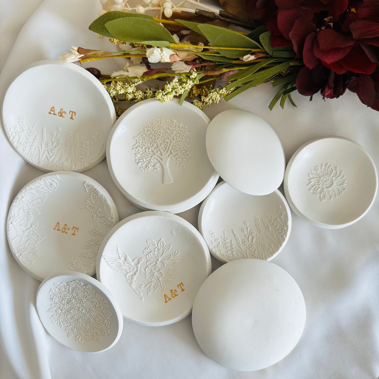 Embossed flowers 2 sides, Personalized ring Dish