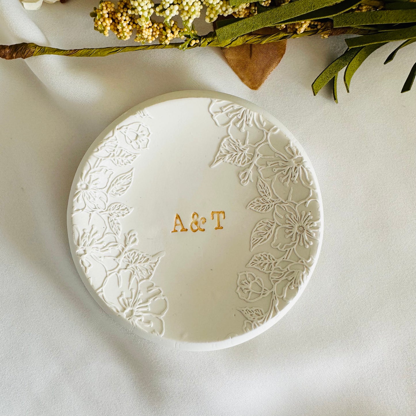 Embossed flowers 2 sides, Personalized ring Dish